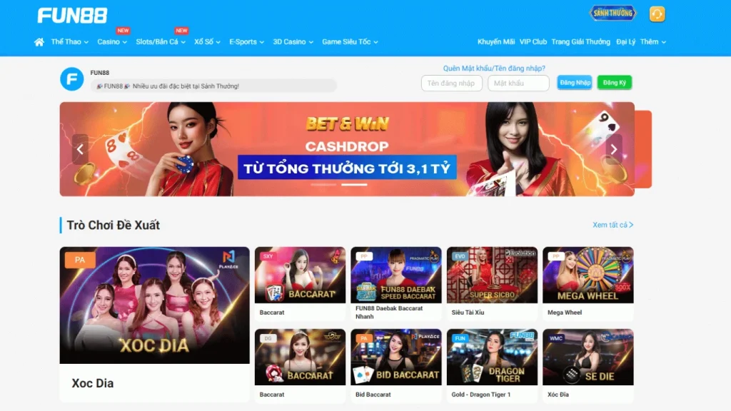 Các trò chơi game casino online tại FUN88