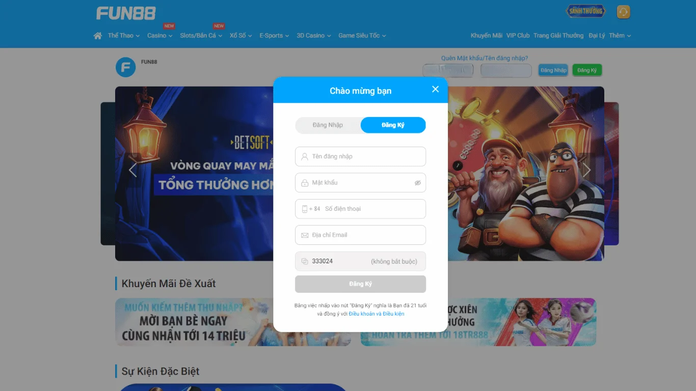 Giao diện đăng ký tại FUN88